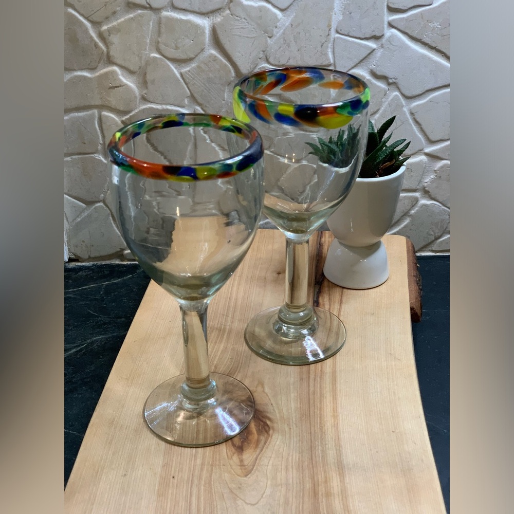 HANDBLOWN MEXICAN WINE GLASSES | Set of 2 | Fused Confetti Rims
